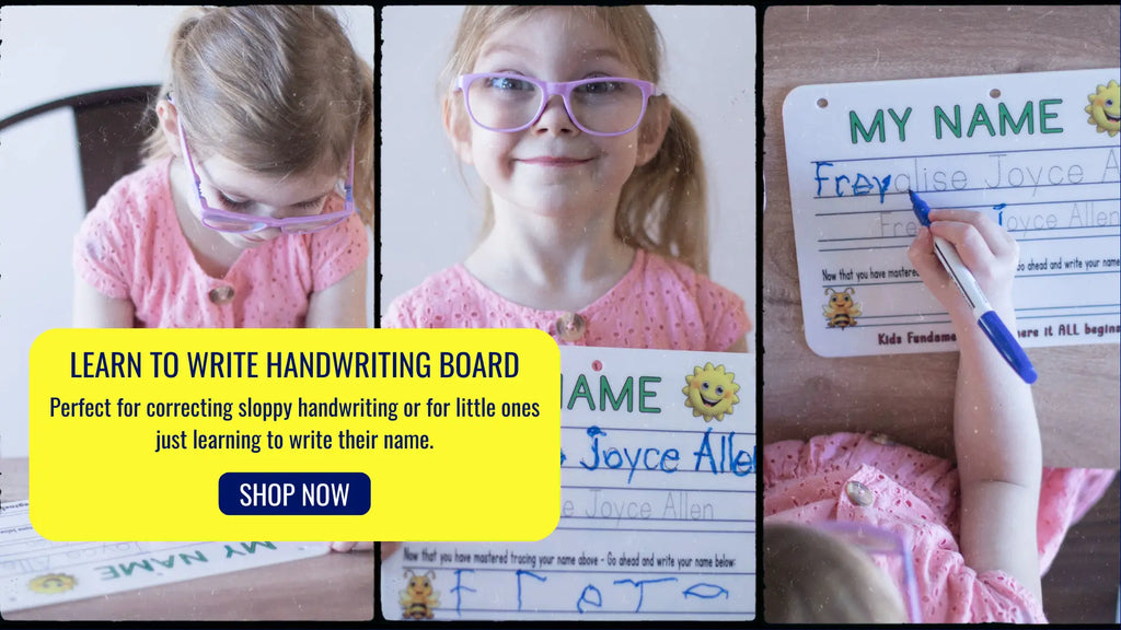 Young girl actively using and showing her progress on the Learn to Write My Name Handwriting Board