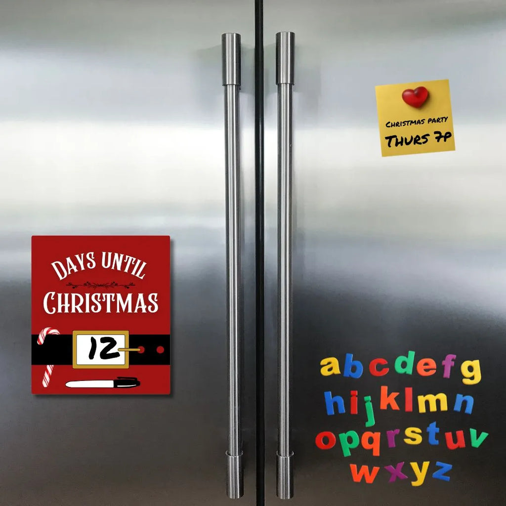 Santa's Belt design of our Christmas Countdown Magnets hung on a refrigerator