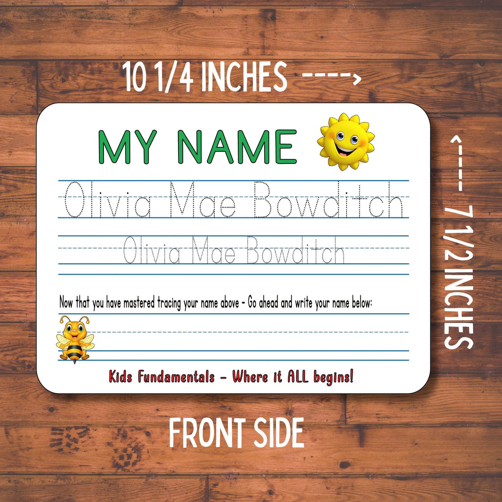 Front side of the Learn To Write My Name Handwriting Board personalized with child's name