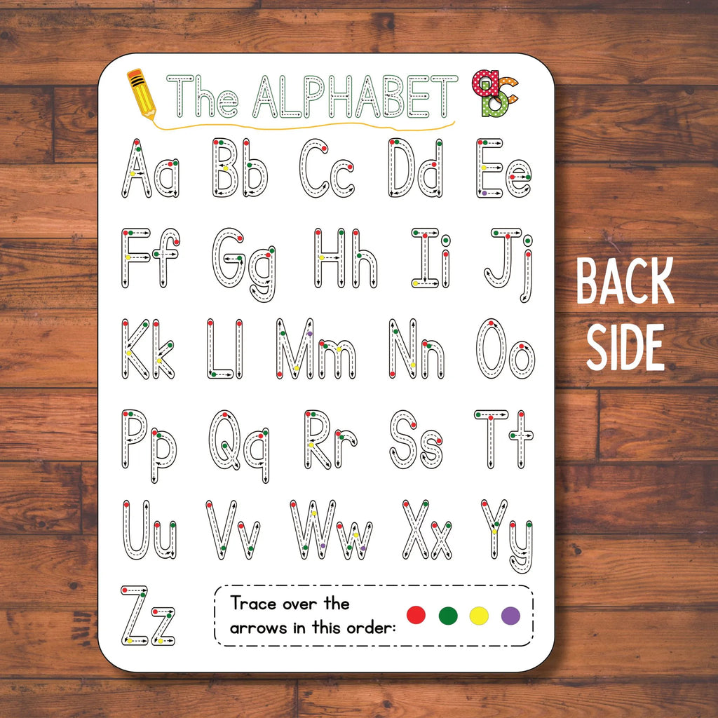 Back side of the Learn To Write My Name Handwriting Board covers the complete alphabet