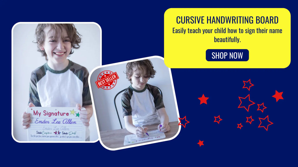 Young boy actively using and showing his progress on the Cursive Handwriting Board