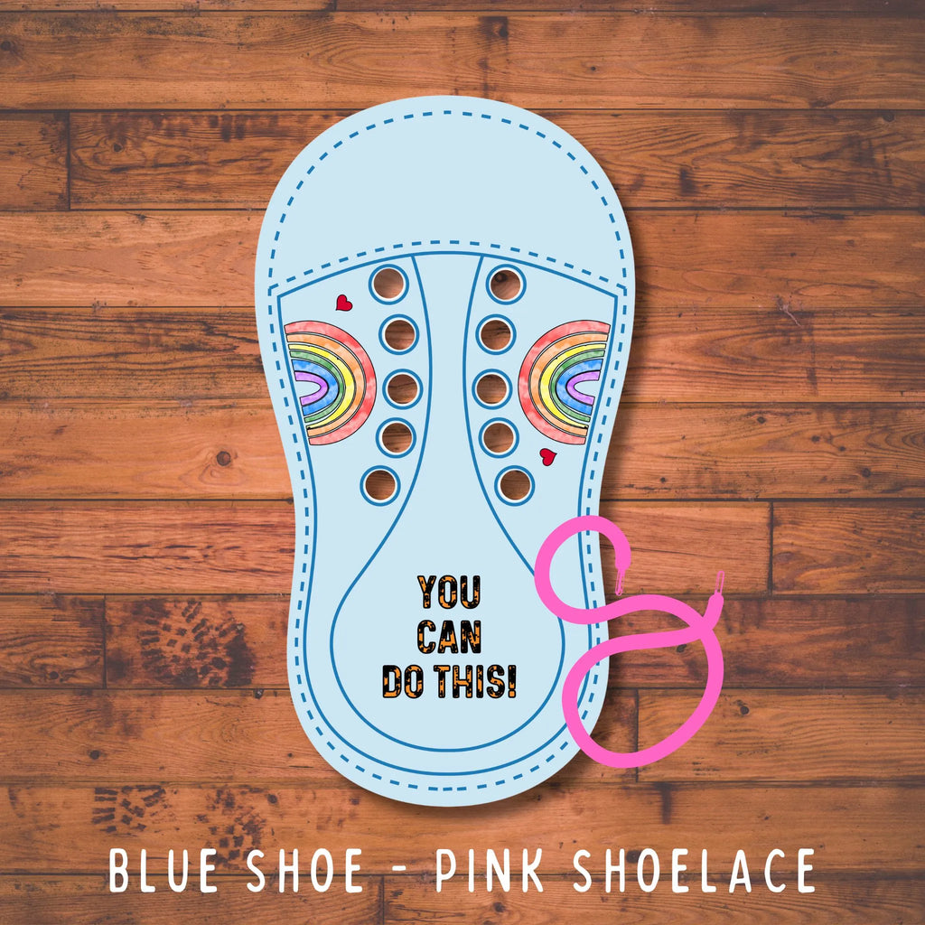 Light blue practice Lacing Sneaker with a rainbow design and a hot pink shoelace