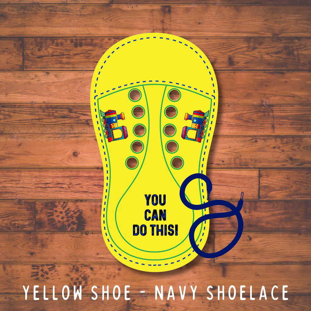 Yellow practice Lacing Sneaker with a train design and a navy blue shoelace