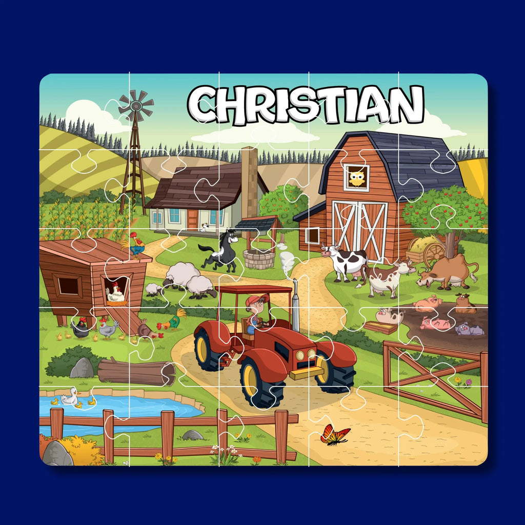 25 piece puzzle for preschoolers with a farm design and personalized with the child's first name - Kids Fundamentals