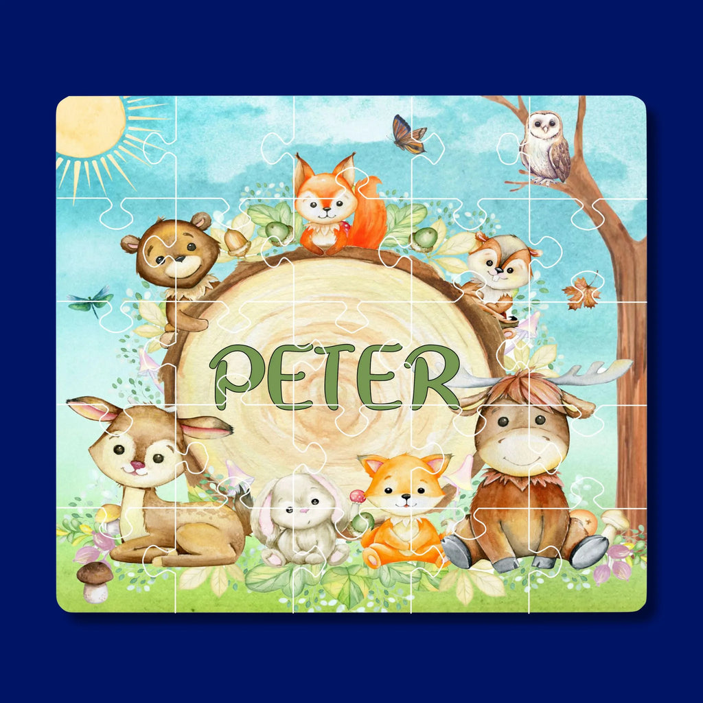 25 piece Personalized Puzzle for preschoolers with a woodland animal design