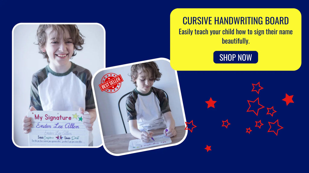 Young boy actively using and showing his progress on the Personalized Cursive Writing Practice Board