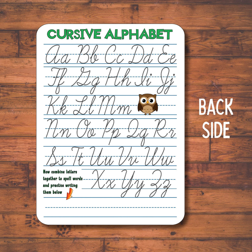 Back side of the Personalized Cursive Writing Practice Board covers the Cursive Alphabet Letter Tracing