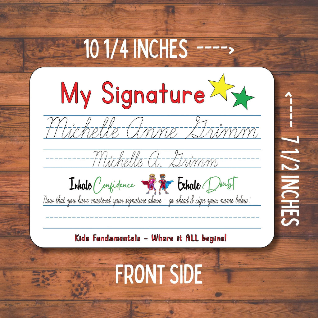 Front side of the Personalized Cursive Writing Practice Board. Image also shows the size of the board.