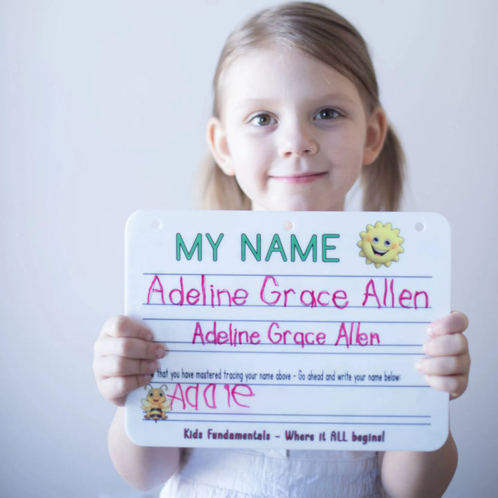 Personalized Name Tracing Practice Board by Kids Fundamentals — reusable double-sided acrylic board handmade in South Carolina for preschool handwriting practice